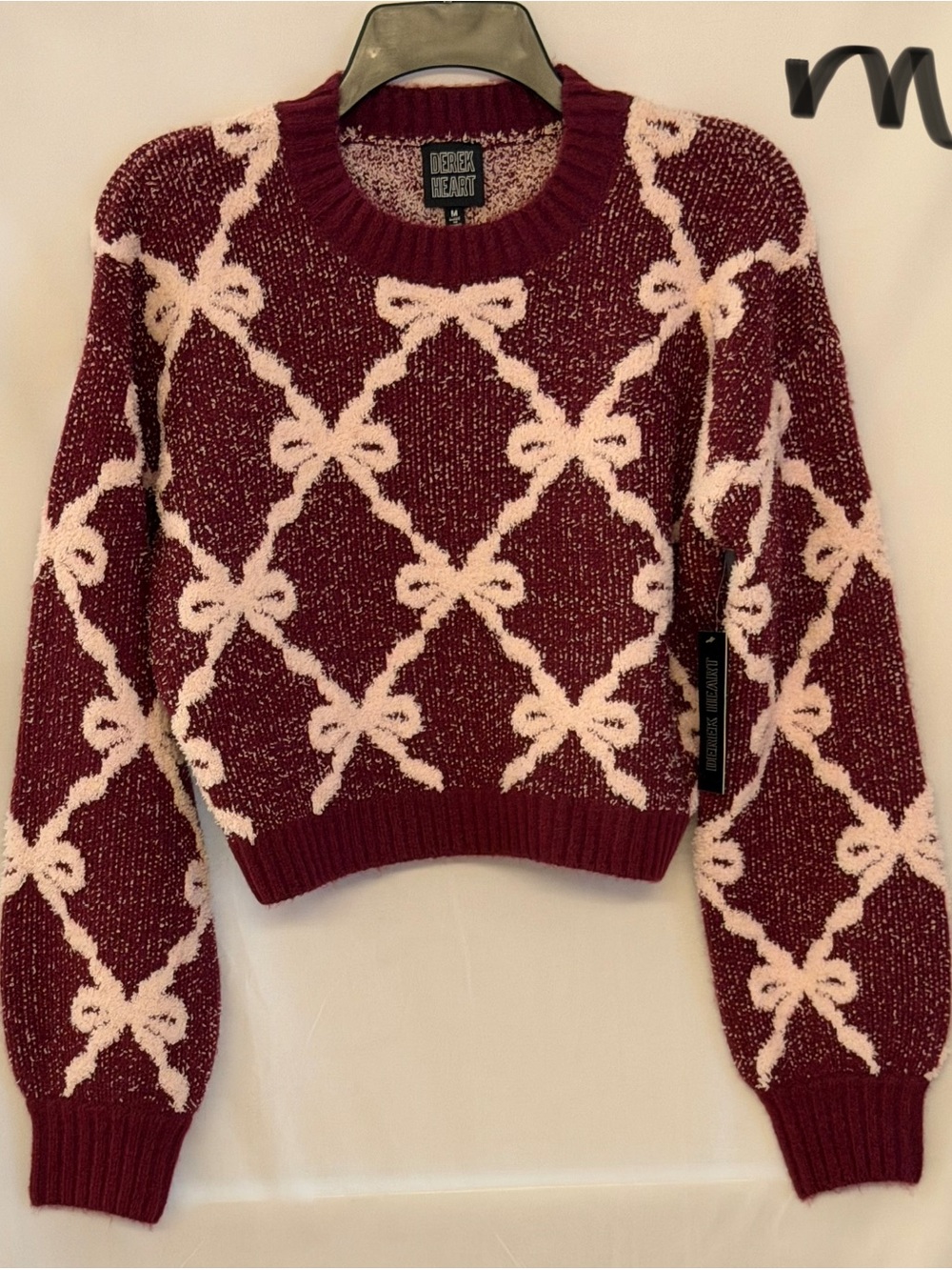 Derek Heart Burgundy Crewneck Sweater with Pale Pink Bow Lattice